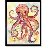 Artery8 Wall Art Print Octopus Portrait Bright Folk Art Watercolour Painting Art Framed in Red | Size: W12" x H16"