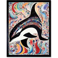 Artery8 Wall Art Print Modern Folk Art Pattern Orca Whale Art Framed in Black | Size: W12" x H16"