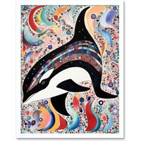 Artery8 Wall Art Print Modern Folk Art Pattern Orca Whale Art Framed in White | Size: W12" x H16"