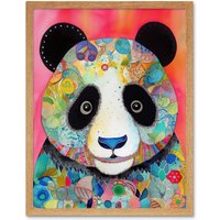 Artery8 Wall Art Print Panda Spirit Animal Portrait Folk Art Watercolour Painting Art Framed in Light Oak | Size: W12" x H16"