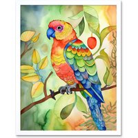 Artery8 Wall Art Print Parrot Bird On Tree Branch Folk Art Watercolour Painting Art Framed in White | Size: W12" x H16"