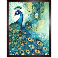 Artery8 Wall Art Print Peacock Bird Concept Folk Art Watercolour Painting Art Framed in Brown | Size: W12" x H16"