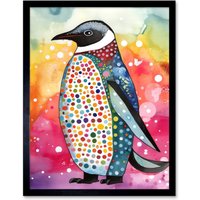 Artery8 Wall Art Print Cute Multicoloured Spot Penguin Folk Art Framed in Black | Size: W12" x H16"