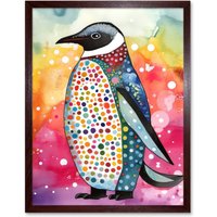 Artery8 Wall Art Print Cute Multicoloured Spot Penguin Folk Art Framed in Brown | Size: W12" x H16"
