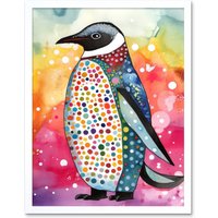 Artery8 Wall Art Print Cute Multicoloured Spot Penguin Folk Art Framed in White | Size: W12" x H16"