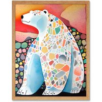 Artery8 Wall Art Print Polar Bear With Mosaic Pattern Folk Art Framed in Light Oak | Size: W12" x H16"