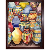 Artery8 Wall Art Print Glazed Ceramic Pot Vases Folk Art Framed in Brown | Size: W12" x H16"