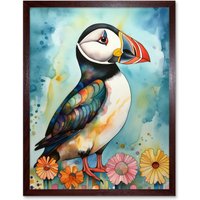 Artery8 Wall Art Print Puffin Bird With Flowers Folk Art Framed in Brown | Size: W12" x H16"