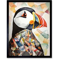 Artery8 Wall Art Print Puffin Bird Abstract Portrait Folk Art Framed in Black | Size: W12" x H16"