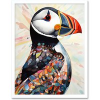 Artery8 Wall Art Print Multicolour Pattern Feather Puffin Bird Folk Art Framed in White | Size: W12" x H16"