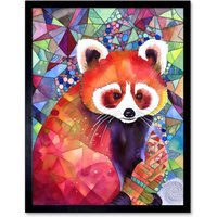 Artery8 Wall Art Print Red Panda Polygon Pattern Folk Art Framed in Black | Size: W12" x H16"