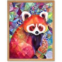 Artery8 Wall Art Print Red Panda Polygon Pattern Folk Art Framed in Light Oak | Size: W12" x H16"