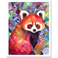 Artery8 Wall Art Print Red Panda Polygon Pattern Folk Art Framed in White | Size: W12" x H16"