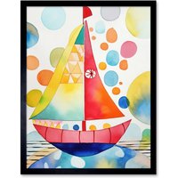 Artery8 Wall Art Print Sailboat At Sunset Folk Art Framed in Black | Size: W12" x H16"