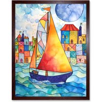 Artery8 Wall Art Print Sailboat By Harbour Folk Art Framed in Brown | Size: W12" x H16"