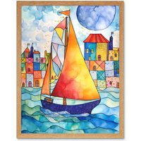 Artery8 Wall Art Print Sailboat By Harbour Folk Art Framed in Light Oak | Size: W12" x H16"