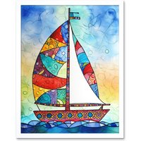 Artery8 Wall Art Print Sailboat With Flower Pattern Folk Art Framed in White | Size: W12" x H16"