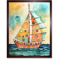 Artery8 Wall Art Print Sailboat Concept With Dorsal Fin Sail Folk Art Framed in Brown | Size: W12" x H16"