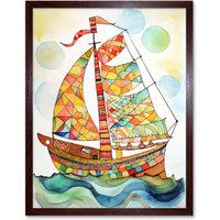 Artery8 Wall Art Print Sailing Ship At Sunrise Folk Art Framed in Brown | Size: W12" x H16"