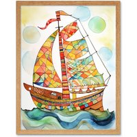 Artery8 Wall Art Print Sailing Ship At Sunrise Folk Art Framed in Light Oak | Size: W12" x H16"