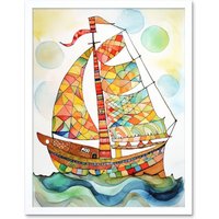 Artery8 Wall Art Print Sailing Ship At Sunrise Folk Art Framed in White | Size: W12" x H16"