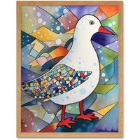 Artery8 Wall Art Print Seagull Bird & Snowflakes Folk Art Framed in Light Oak | Size: W12" x H16"