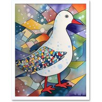 Artery8 Wall Art Print Seagull Bird & Snowflakes Folk Art Framed in White | Size: W12" x H16"
