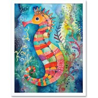 Artery8 Wall Art Print Seahorse In Aquatic Plants Folk Art Framed in White | Size: W12" x H16"