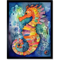 Artery8 Wall Art Print Vibrant Colour Pattern Seahorse Folk Art Framed in Black | Size: W12" x H16"