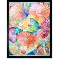 Artery8 Wall Art Print Pastel Colour Seashells Folk Art Framed in Black | Size: W12" x H16"
