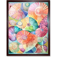 Artery8 Wall Art Print Pastel Colour Seashells Folk Art Framed in Brown | Size: W12" x H16"