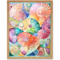 Artery8 Wall Art Print Pastel Colour Seashells Folk Art Framed in Light Oak | Size: W12" x H16"
