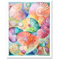 Artery8 Wall Art Print Pastel Colour Seashells Folk Art Framed in White | Size: W12" x H16"
