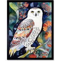 Artery8 Wall Art Print Snowy Owl On Blooming Tree Folk Art Framed in Black | Size: W12" x H16"