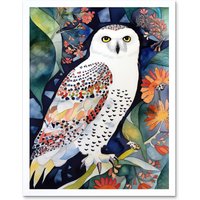 Artery8 Wall Art Print Snowy Owl On Blooming Tree Folk Art Framed in White | Size: W12" x H16"