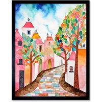 Artery8 Wall Art Print Cobblestone Street In Spring Folk Art Framed in Black | Size: W12" x H16"