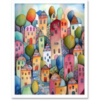 Artery8 Wall Art Print Village On The Hill Cobble Streets Folk Art Framed in White | Size: W12" x H16"