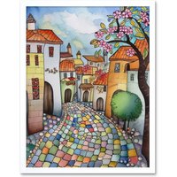 Artery8 Wall Art Print Village Cobbled Street Cherry Blossom Folk Art Framed in White | Size: W12" x H16"