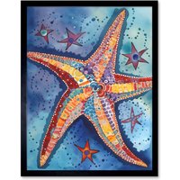 Artery8 Wall Art Print Modern Folk Art Starfish Bathroom Art Framed in Black | Size: W12" x H16"