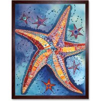 Artery8 Wall Art Print Modern Folk Art Starfish Bathroom Art Framed in Brown | Size: W12" x H16"