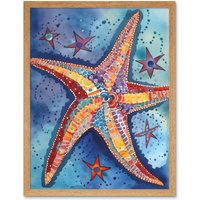 Artery8 Wall Art Print Modern Folk Art Starfish Bathroom Art Framed in Light Oak | Size: W12" x H16"