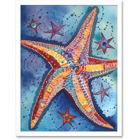 Artery8 Wall Art Print Modern Folk Art Starfish Bathroom Art Framed in White | Size: W12" x H16"