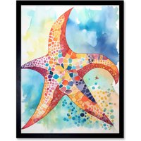 Artery8 Wall Art Print Abstract Mosaic Starfish Folk Art Framed in Black | Size: W12" x H16"