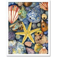 Artery8 Wall Art Print The Rock Pool Seaside Clams Starfish Bathroom Art Framed in White | Size: W12" x H16"