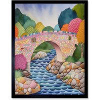 Artery8 Wall Art Print Modern Folk Art Countryside Bridge Art Framed in Black | Size: W12" x H16"