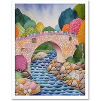Artery8 Wall Art Print Modern Folk Art Countryside Bridge Art Framed in White | Size: W12" x H16"