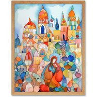 Artery8 Wall Art Print Abstract Moroccan Cityscape Folk Art Framed in Light Oak | Size: W12" x H16"