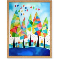 Artery8 Wall Art Print Abstract Autumn Trees Folk Art Framed in Light Oak | Size: W12" x H16"