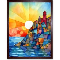 Artery8 Wall Art Print Sunset Coastal Cliffs Lighthouse Folk Art Framed in Brown | Size: W12" x H16"