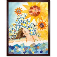 Artery8 Wall Art Print Abstract Sea Swimming Folk Art Bathroom Art Framed in Brown | Size: W12" x H16"